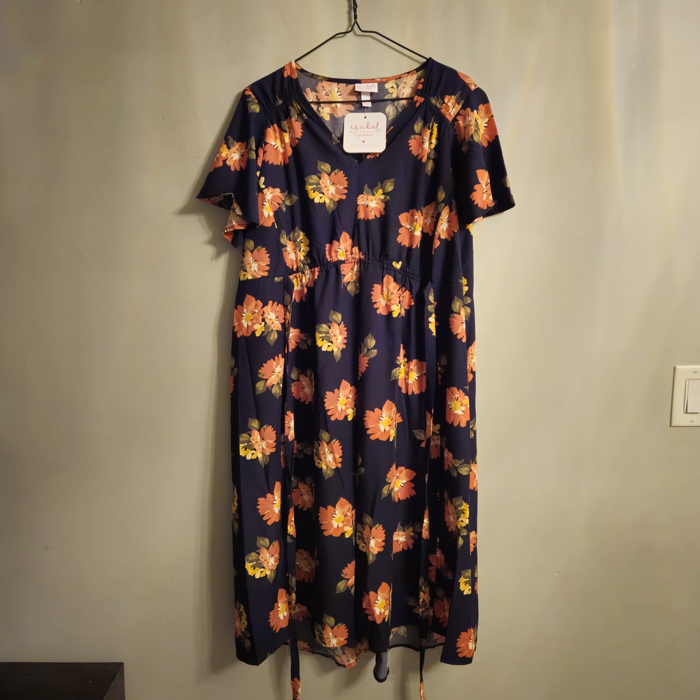 Isabel Maternity by Ingrid & Isabel Navy Midi Dress with Orange Floral Pattern